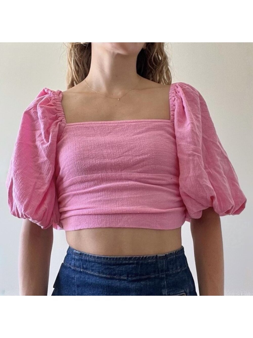 Free People x Jen's Pirate Booty Pink Puff Sleeve Crop Top Tie Back Blouse Sz L
